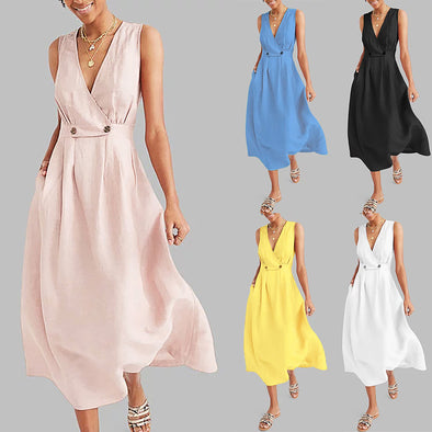 Women's collarless sleeveless solid color dress