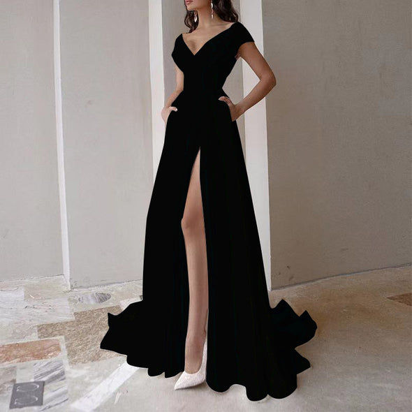 Chest-wrapped Ruffled Mid-waist Solid Color Long Dress
